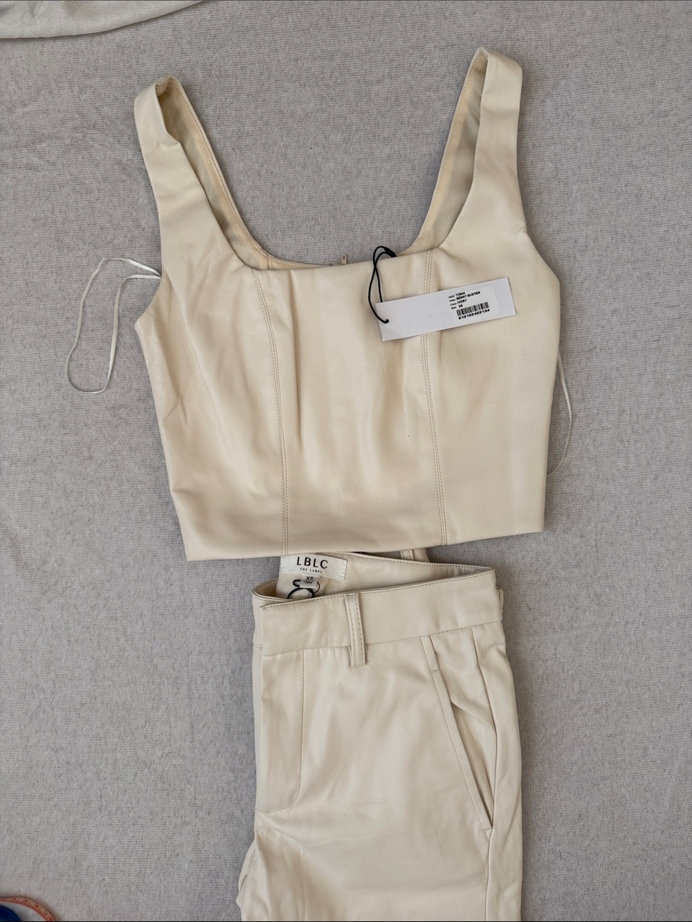 LBLC Cream Faux Leather Crop Tank & High-Waist Trouser set, Benny Bustier XS
